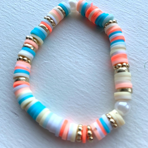 Bohemian clay bead braclet colorful stretch gold tone rings white pearls - Picture 10 of 11